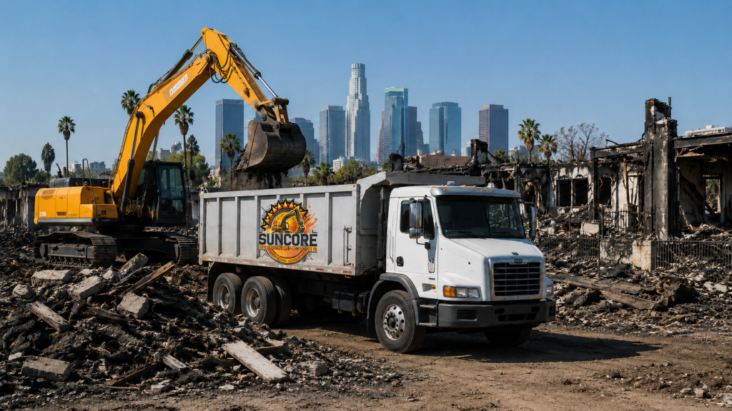Excavator clearing fire debris from a damaged property in Los Angeles