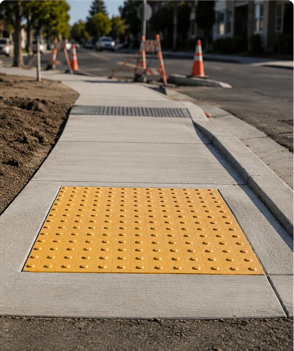 Detectable warning surface installed at a concrete curb ramp