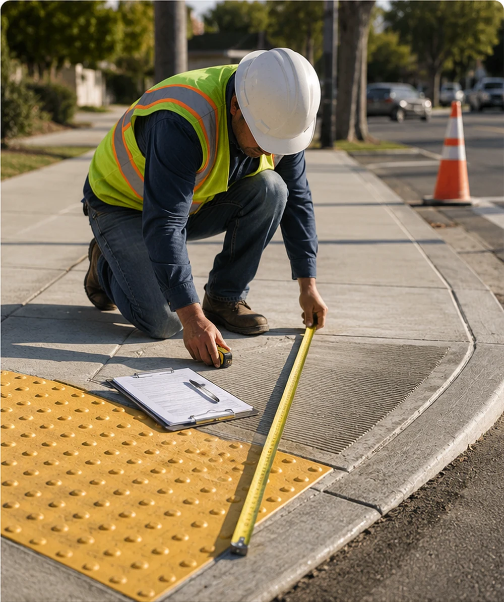 Construction worker measuring sidewalk slope during a Los Angeles site evaluation